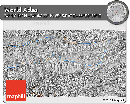 Physical 3D Map of the Area around 34° 28' 56" N, 66° 22' 30" E