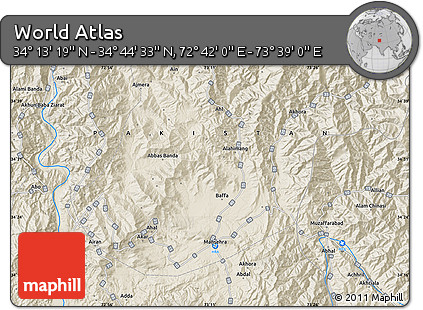 Shaded Relief Map of the Area around 34° 28' 56" N, 73° 10' 30" E
