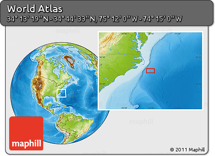 Physical Location Map of the Area around 34° 28' 56" N, 74° 43' 29" W