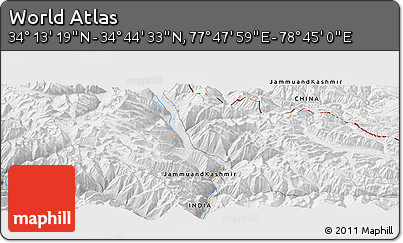 Physical Panoramic Map of the Area around 34° 28' 56" N, 78° 16' 30" E