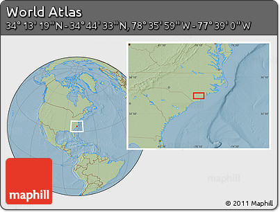 Savanna Style Location Map of the Area around 34° 28' 56" N, 78° 7' 30" W, hill shading