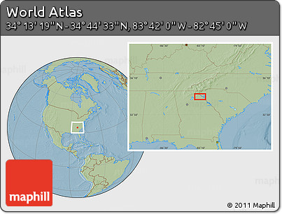 Savanna Style Location Map of the Area around 34° 28' 56" N, 83° 13' 29" W, hill shading