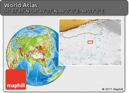 Physical Location Map of the Area around 34° 28' 56" N, 88° 28' 29" E