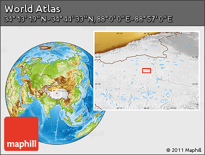 Physical Location Map of the Area around 34° 28' 56" N, 88° 28' 29" E