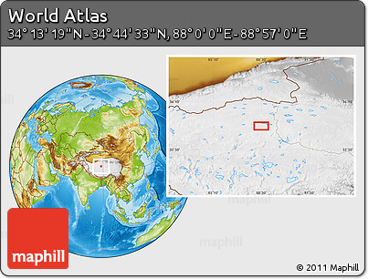 Physical Location Map of the Area around 34° 28' 56" N, 88° 28' 29" E