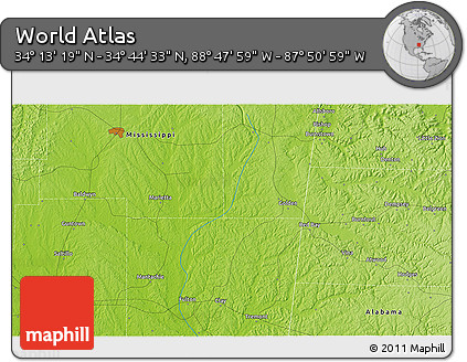 Physical 3D Map of the Area around 34° 28' 56" N, 88° 19' 29" W