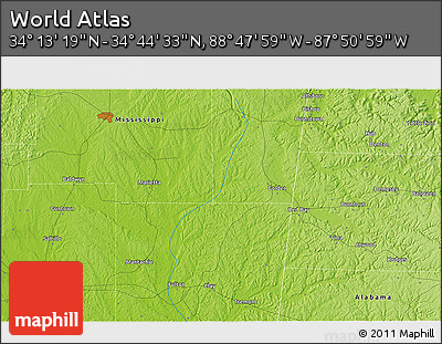 Physical 3D Map of the Area around 34° 28' 56" N, 88° 19' 29" W