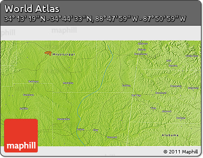 Physical 3D Map of the Area around 34° 28' 56" N, 88° 19' 29" W