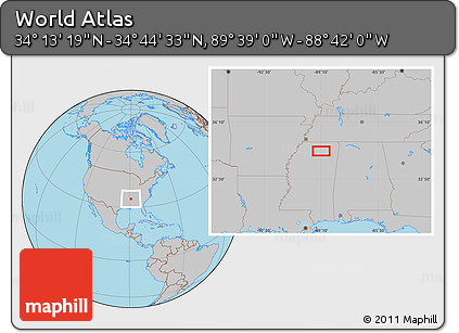 Gray Location Map of the Area around 34° 28' 56" N, 89° 10' 30" W