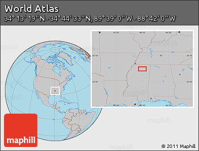 Gray Location Map of the Area around 34° 28' 56" N, 89° 10' 30" W