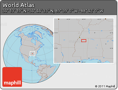 Gray Location Map of the Area around 34° 28' 56" N, 89° 10' 30" W