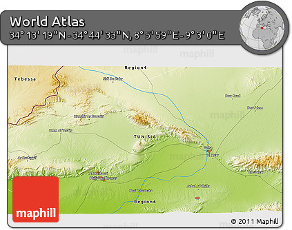 Physical 3D Map of the Area around 34° 28' 56" N, 8° 34' 29" E