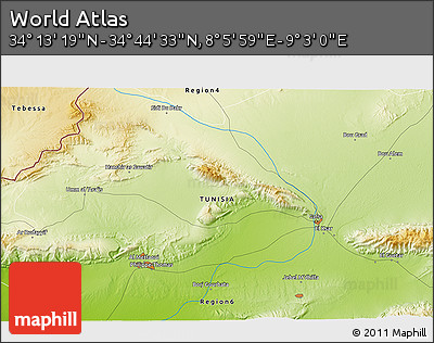 Physical 3D Map of the Area around 34° 28' 56" N, 8° 34' 29" E