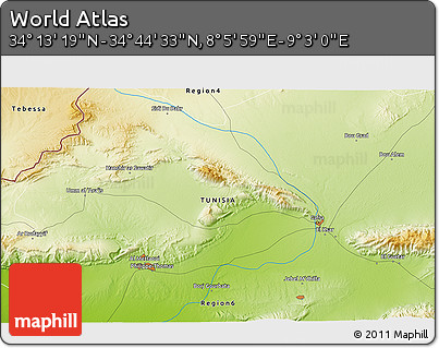 Physical 3D Map of the Area around 34° 28' 56" N, 8° 34' 29" E
