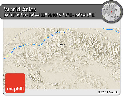 Shaded Relief 3D Map of the Area around 34° 28' 56" N, 94° 25' 30" E