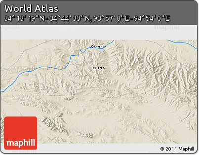 Shaded Relief 3D Map of the Area around 34° 28' 56" N, 94° 25' 30" E