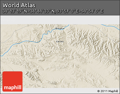 Shaded Relief 3D Map of the Area around 34° 28' 56" N, 94° 25' 30" E