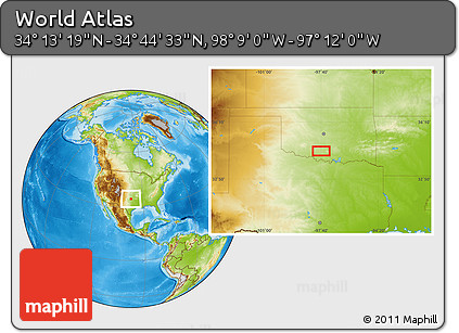 Physical Location Map of the Area around 34° 28' 56" N, 97° 40' 30" W