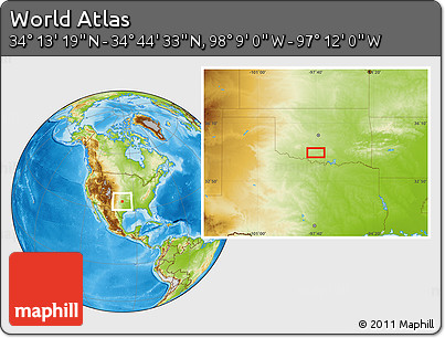 Physical Location Map of the Area around 34° 28' 56" N, 97° 40' 30" W