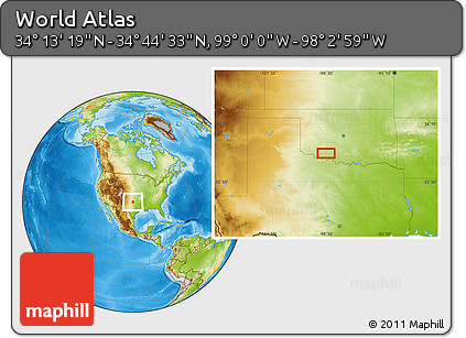 Physical Location Map of the Area around 34° 28' 56" N, 98° 31' 30" W