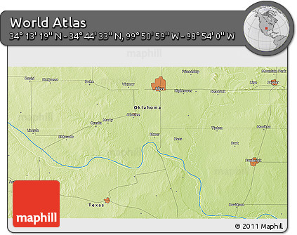 Physical 3D Map of the Area around 34° 28' 56" N, 99° 22' 30" W