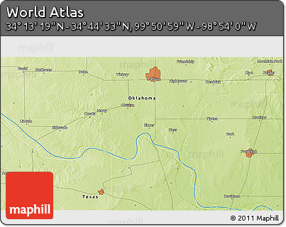 Physical 3D Map of the Area around 34° 28' 56" N, 99° 22' 30" W