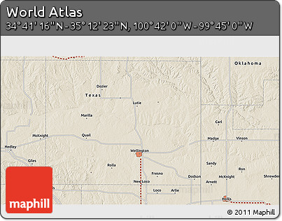 Shaded Relief 3D Map of the Area around 34° 56' 49" N, 100° 13' 29" W