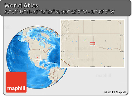 Shaded Relief Location Map of the Area around 34° 56' 49" N, 100° 13' 29" W
