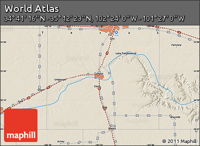 Shaded Relief Map of the Area around 34° 56' 49" N, 101° 55' 30" W