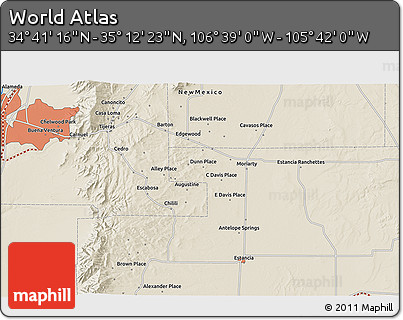 Shaded Relief 3D Map of the Area around 34° 56' 49" N, 106° 10' 30" W