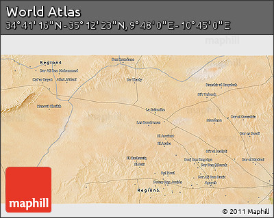 Satellite 3D Map of the Area around 34° 56' 49" N, 10° 16' 30" E