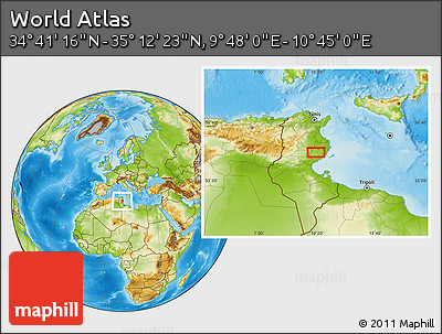 Physical Location Map of the Area around 34° 56' 49" N, 10° 16' 30" E