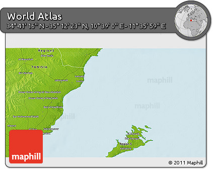 Physical 3D Map of the Area around 34° 56' 49" N, 11° 7' 30" E