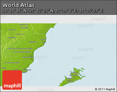 Physical 3D Map of the Area around 34° 56' 49" N, 11° 7' 30" E