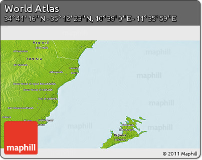Physical 3D Map of the Area around 34° 56' 49" N, 11° 7' 30" E