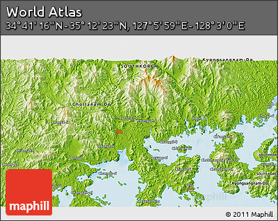 Physical 3D Map of the Area around 34° 56' 49" N, 127° 34' 30" E
