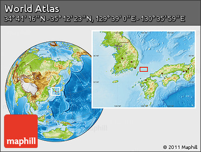 Physical Location Map of the Area around 34° 56' 49" N, 130° 7' 30" E