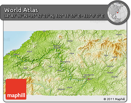 Physical 3D Map of the Area around 34° 56' 49" N, 132° 40' 30" E