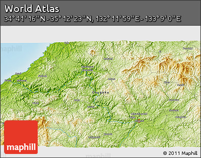 Physical 3D Map of the Area around 34° 56' 49" N, 132° 40' 30" E
