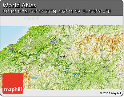 Physical 3D Map of the Area around 34° 56' 49" N, 132° 40' 30" E