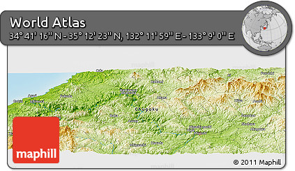 Physical Panoramic Map of the Area around 34° 56' 49" N, 132° 40' 30" E