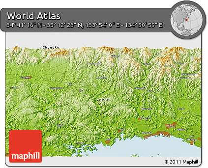 Physical 3D Map of the Area around 34° 56' 49" N, 134° 22' 30" E
