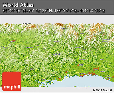 Physical 3D Map of the Area around 34° 56' 49" N, 134° 22' 30" E