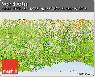 Physical 3D Map of the Area around 34° 56' 49" N, 134° 22' 30" E