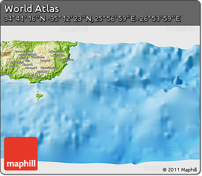 Physical 3D Map of the Area around 34° 56' 49" N, 26° 25' 29" E