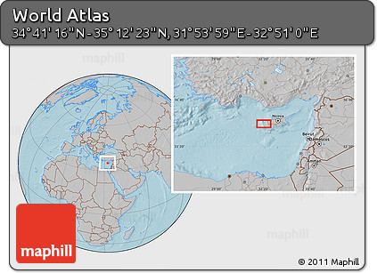 Gray Location Map of the Area around 34° 56' 49" N, 32° 22' 30" E, hill shading