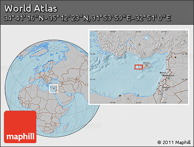 Gray Location Map of the Area around 34° 56' 49" N, 32° 22' 30" E, hill shading