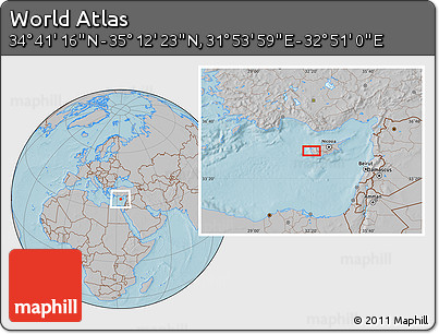 Gray Location Map of the Area around 34° 56' 49" N, 32° 22' 30" E, hill shading