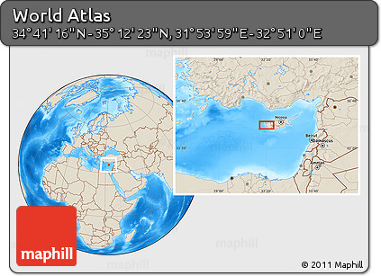 Shaded Relief Location Map of the Area around 34° 56' 49" N, 32° 22' 30" E