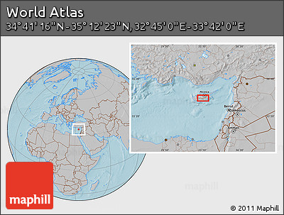 Gray Location Map of the Area around 34° 56' 49" N, 33° 13' 30" E, hill shading